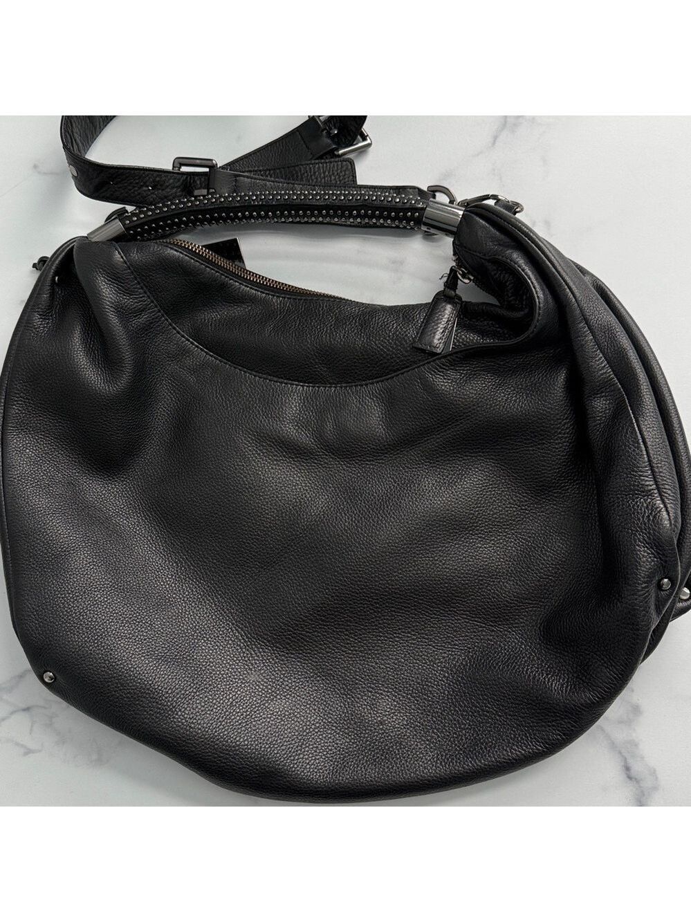 Kenneth Cole New York Black Pebbled Leather Hobo Bag with Studded Handle